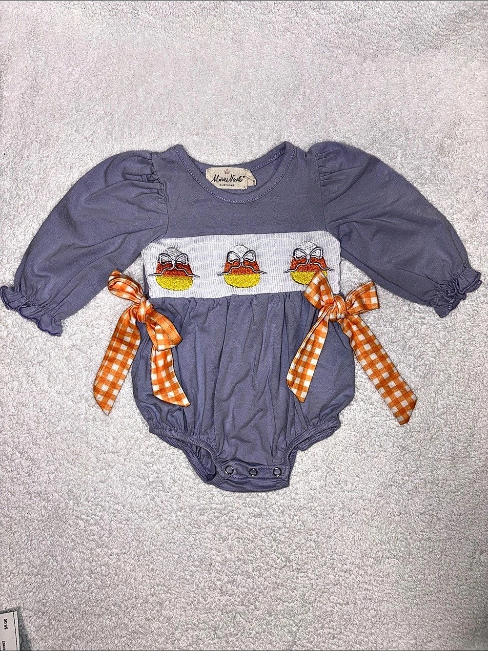Marie Nicole smocked candy corn with Gingham ties Baby Bodysuit halloween 0-3M